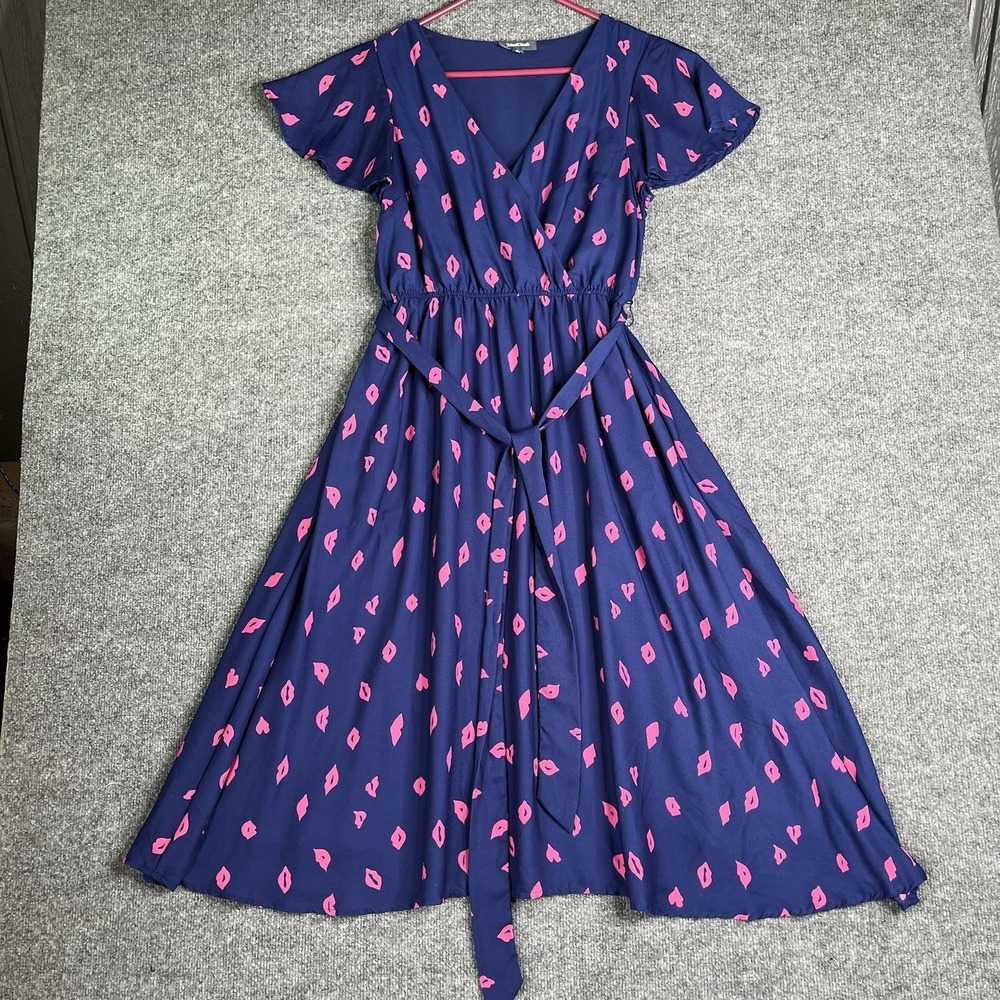 ModCloth Dress Womens M Blue Kiss Print Wrap‎ Midi Belted Flutter Sleeve